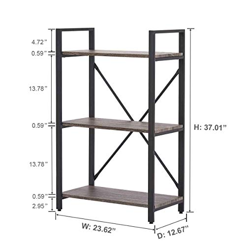 Bon Augure Small 3 Tier Bookshelf, Rustic Industrial Book Shelf, Short Wood Metal Standing Etagere Bookcase For Living Room, Bedroom And Office (Dark Gray Oak) #TOP1