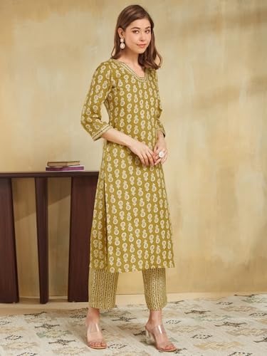 Sanisa Women's Cotton Blend Printed Straight Kurta With Pant And Dupatta Set (236Kbd2494N-S_Mustard Yellow & Beige)