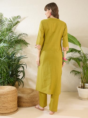 Image of INDO ERA Women's Pure Cotton Floral Embroidered Straight Kurta & Pant Set (IESTR11932)