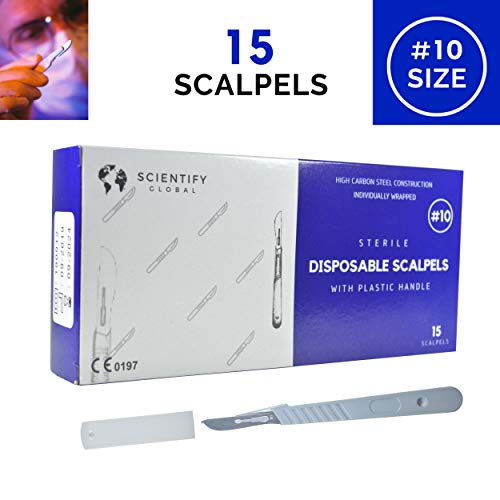 Disposable Sterile Scalpels (15 Pack) - Size #10 High Carbon Steel Blades