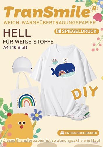 TRANSMILE (10 Blatt, A4 Inkjet PU-Transferpapier für helle T-Shirts, bedruckbares Wärmetransfer-Vinyl, Transferfolie zum Aufbügeln für Tintenstrahldrucker,Spiegeldruck (DTM-2-1.0)