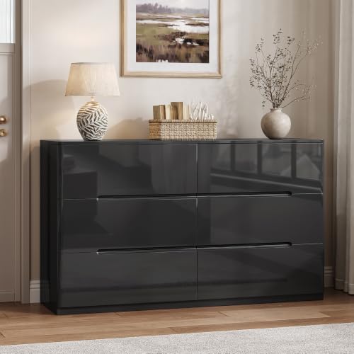 Image of Black Dresser for Bedroom, 47.2 inch Wide 6 Drawer Dresser, Modern High Gloss Dresser Chest of Drawers, Wooden Dressers Organizer for Bedroom, Closet