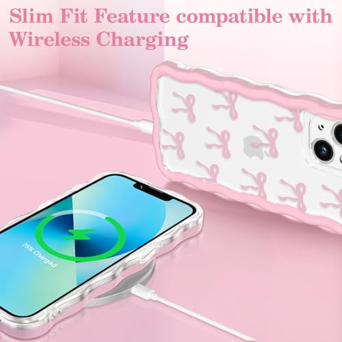 QLTYPRI for iPhone 14 Plus/15 Plus Pink Bow Case,Clear Cute Pink Ribbon Bow Phone Case Curly Wavy Aesthetic Phone Cover,Soft Slim Transparent TPU Shockproof Protective Cover for Women Girls-Ribbon Bow by QLTYPRI - Image 5