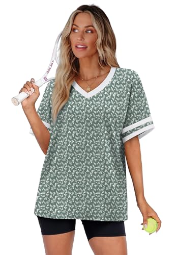 Image of WIHOLL Womens T Shirts Loose Fit Short Sleeve Tees V Neck Color Block Summer Tops 2026 Fashion S-4XL