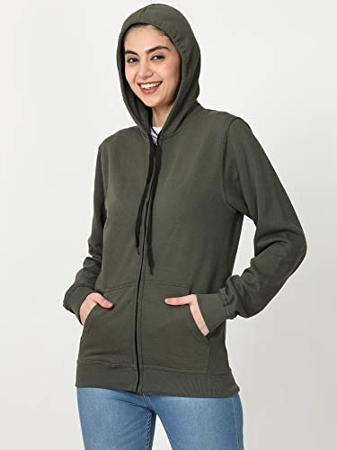 Image of Wafaa Women's Cotton Plain Hooded Neck Full Zipper Sweatshirt Hoodies with Kangaroo Pocket