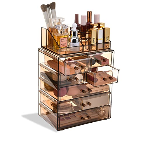 Comvtupy Clear Makeup Organizer With Brush Holder, Large Acrylic Cosmetic Display Jewelry & Make Up Organizers And Storage For Vanity, Bathroom (3 Large, 4 Small Drawers, Brown) #TOP21