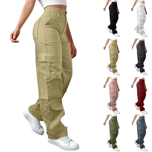 Ssuyeuri Cargo Pants Women High Waisted Hiking Pants Baggy Stretchy Wide Leg Y2K Streetwear with 6 Pockets Khaki
