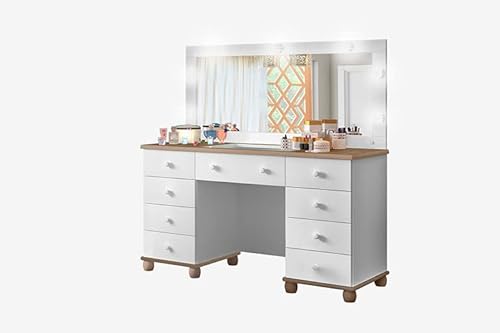 penteadeira camarim lx 9 gavetas branco amendoa com espelho e led