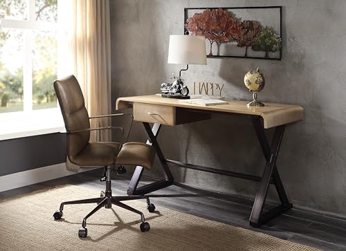 TREATLIFE HOME Create a Modern Workspace with Rectangular Writing Desk, Gold Aluminum Surface and Dark Brown Leather Legs for Home Office or Study