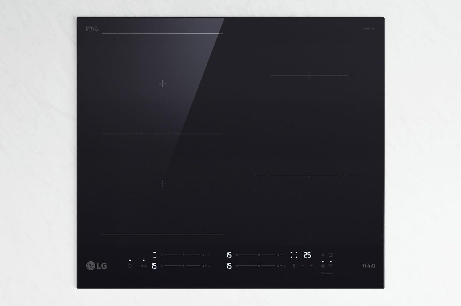 LG Płyta indukcyjna CBIZ2435B 60 cm, moc od 2,5 do 7,4 kW, 4 strefy całkowite, 1 strefa Flex, 15 poziomów mocy + doładowania, niezależne sterowanie dotykowe, Wi-Fi, szkło ceramiczne SCHOTT, kolor