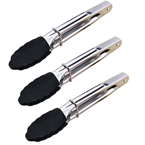 Premium Kitchen Tongs with Silicone Tip,Mini Metal Cooking Tongs 7 Inch Serving Tongs,Non-Stick,Stainless Steel,Heat Resistant Locking Cooking Tongs for Cooking,Barbecue,Salad,Grilling,Frying (Black)