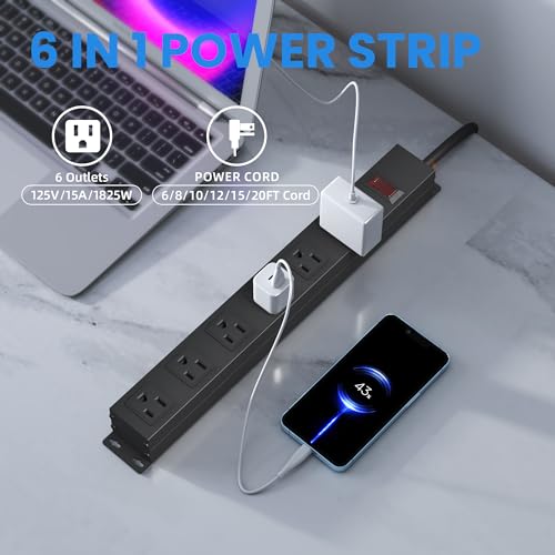 Image of 6 Outlet Power Strip with Wide Spaced and 10FT Power Cord,Wall Mount Metal Industrial Power Strip Heavy Duty for Commercial,Garage,School and Home,15A 125V 1875W,Black(10FT)