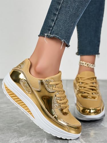 HUIQINGLI Women’s Trendy Casual Sparkling Style Platform Sneakers, Rhinestone Fashion Gold Shoes, Casual Lace Up Walking Shoes4