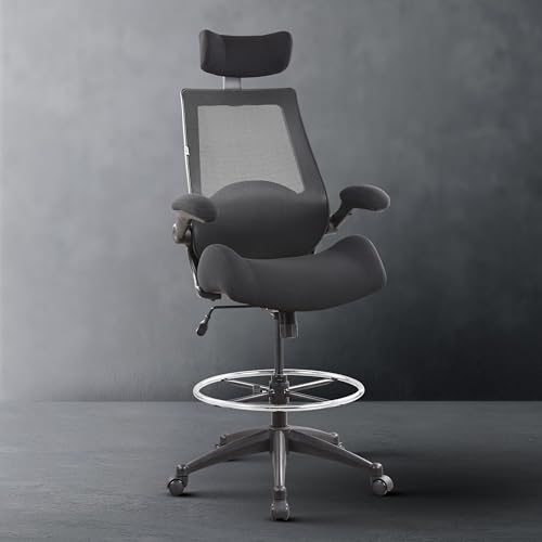 BOLISS Drafting Chair Tall Office Chair with Flip-up Armrests Executive Ergonomic Computer Standing Desk Chair with Lumbar Support and Adjustable Big Footrest Ring (Black)