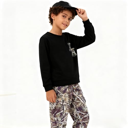 Image of Boy Clothes Plant Camouflage Pants LA Letter Print Top Sweatsuit Fall Boys Outfits Set