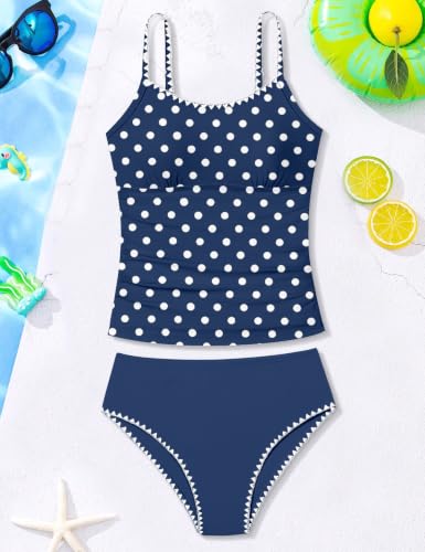Image of Girls Swimsuit Solid Color Tankini Contrast Trim Swimwear 2 Piece Bathing Suit Padded Swimsuits for Teens 9-16Y