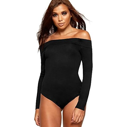 Red Olives® Womens Ladies Off Shoulder Bardot Full Sleeves Ladies Stretchy Bodysuit Leotard Top UK 8-22 (12-14, Black) Cover