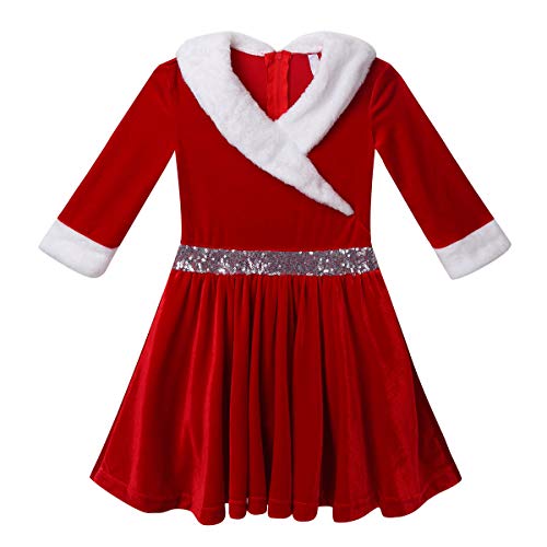 Jeeyjoo Kids Girls Long Sleeve Faux Fur Velvet Christmas Costume Ice Figure Skating Twirling Dress Dancewear Red 16 #TOP2