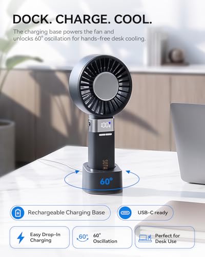 Image of SOTHING Portable Fan Rechargeable with Charging Dock, Auto-Oscillating, 4.43 Inch Oversized Fan Head, Handheld Fan with Cooling Plate, 180 Foldable, 19.4 ft /s Airflow, 1-100 Speeds, Up to 16H Runtime