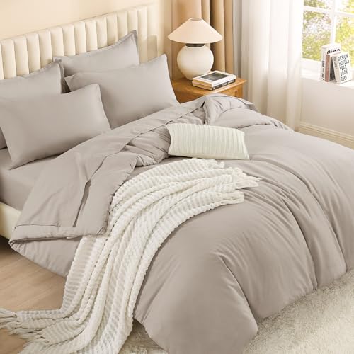 Image of Litanika Super King Comforter Sets Linen Grey - 7 Pieces Bed in a Bag Oversized King Bedding Comforter Sets, Solid Lightweight Bed Set with Comforter, Sheets, Pillowcases & Shams