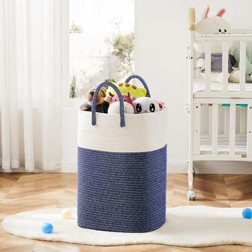 Image of Laundry Basket,Woven Cotton Rope Laundry Hamper,Versatile Storage for Dirty Clothes,Baby Toys,and Blankets in Bathroom, Nursery,and Living Room (Blue, 100L)