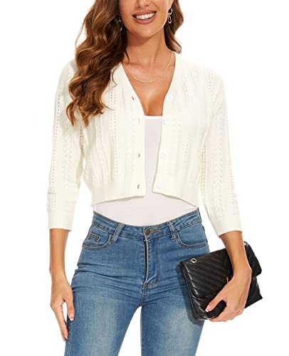 Mintlimit Women's Cardigans Shrugs For Dresses 3/4 Sleeve Cardigan V Neck Button Front Sweater Lightweight (White, Size M) #TOP5