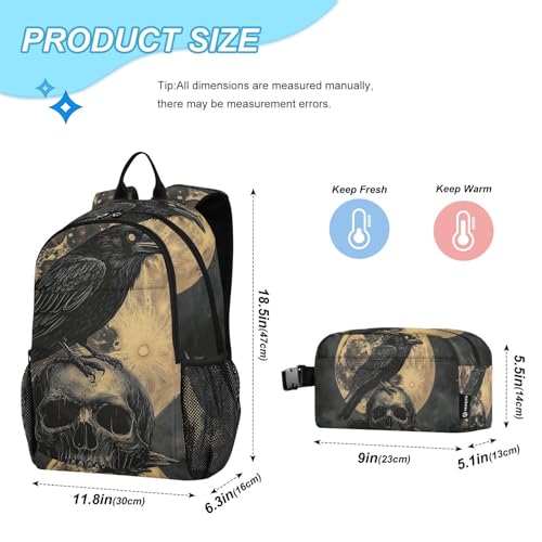Gothic Raven Skull Moon Backpack for School Boys Girls and Teens, Backpack for Men and Women, Lightweight Bookbag with Lunch Box Travel Laptop Daypack 18.5 x 11.8 In4