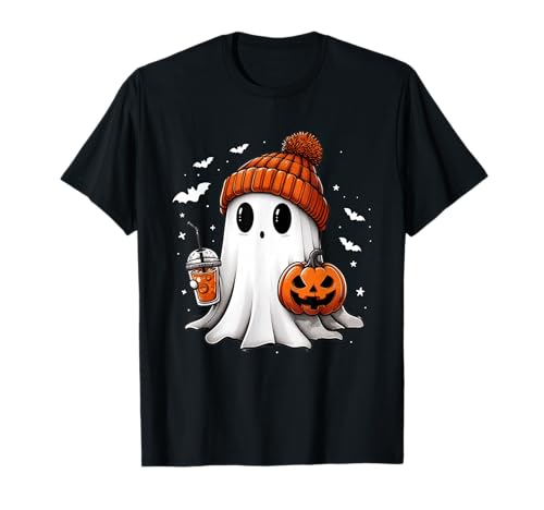 Cute Ghost Drinking Coffee Halloween Womens T-Shirt