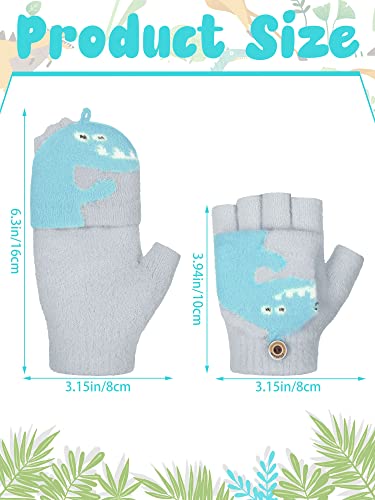 SATINIOR 2 Pairs Winter Kids Fingerless Gloves Toddler Finger Mittens Knit Convertible Half Finger Mitten Flap Aged 3-10(Mud Yellow, Light Blue,Dinosaur)3