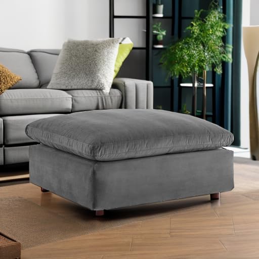 Luxurious Gray Performance Velvet Overstuffed Ottoman