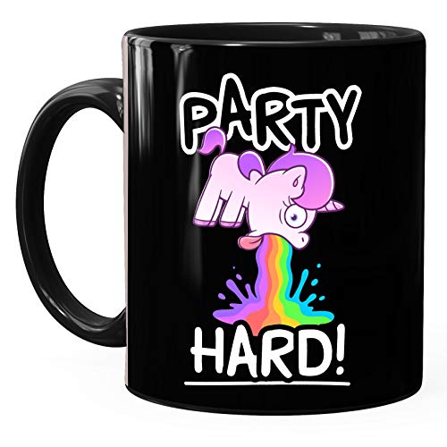 MoonWorks® Taza de café con texto en alemán "Party Hard kotzendes Einhorn Feiern Saufen" taza de café divertida taza de cerámica negra - Imagen 3