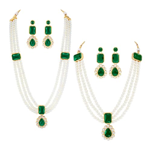 Image of Peora Crystal Faux Pearl Kundan Necklace & Jewellery Set Gift for Women