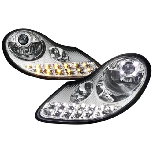 SPEC-D TUNING Chrome LED Projector Headlights w/Build-in Fog Lamps Compatible with 1997-2004 Porsche Boxster 986, 1997-2001 Porsche 911 996, Left + Right Pair Headlamps Assembly
