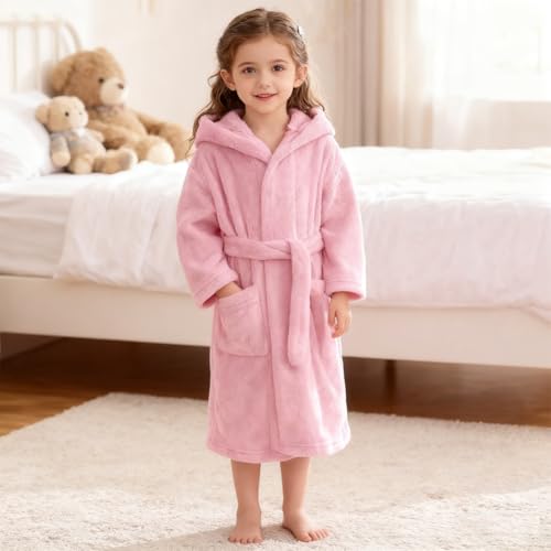 Image of Boys Girls Bathrobes,Toddler Boy Girl Robes,Children's Plush Soft Coral Fleece Hooded Pajamas Sleepwear for Kids