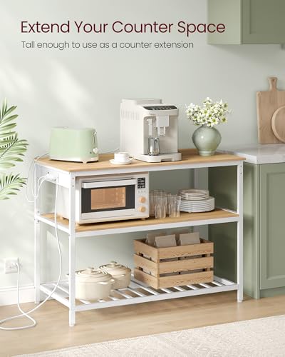 Image of VASAGLE Kitchen Island with 3 Shelves, Kitchen Shelf with Power Strip, 23.6 x 47.2 x 34.9 Inches, Large Worktop, Steel Structure, Industrial, Easy to Assemble, Oak Color and White UKKI101Y01