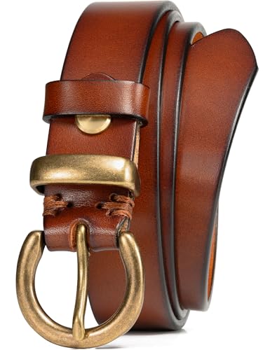 WOLFANT Full Grain Leather Belt for Women,1.1' Ladies Casual leather Jean Belt with Vintage Circle buckle in Gift Box