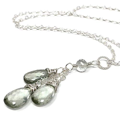 Prasiolite Necklace Sterling Silver Green Amethyst Trio Teardrops Pendant Mint 18 Inches