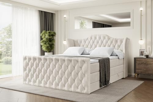 ALTDECOR Boxspringbett mit Matratze und Lattenrost, Topper, Fußteil,Polsterbett mit Bettkasten, Bett mit Stauraum H3- und H4- Matratze, Doppelbett, Springboxbett - Vila-Z King - 160x200 - Beige Samt