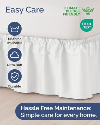 Image of Wrap Around Dust Ruffle Bed Skirt, King Size Beds - 15 Inch Drop, White | Easy Fit Elastic Strap, Adjustable Pleated Bedskirt w /Brushed Fabric, Wrinkle & Fade Free, for Women, Men, Kids & Teens
