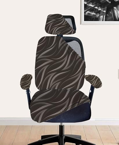 ELEGANTA Stretchable Office Chair Cover Set with Headrest & Armrest Covers | Soft & Washable Office Computer Desk Chair Slipcover and Seat Protector for Office Chair | Pack of 6 (Brown Leaves)
