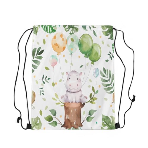 Erosebridal Cute Hippo Drawstring Backpack 13x15.7, Kawaii Animals Balloons Drawstring Bags For Sport, Cartoon Leaves Foldable Draw String Back Bag, Green White Wildlife Printed String Backpack3