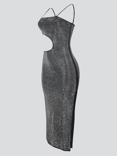 Image of Jigfar Women Sexy Elegant Rhinestone Mesh See Through Party Club Night Split Bodycon Formal Maxi Dress