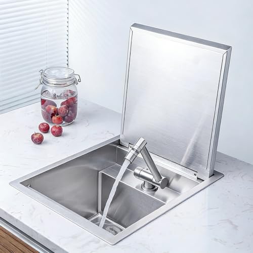 Fregadero de Acero Inoxidable para Vehículos Recreativos con Grifo Plegable, Fregadero Oculto para Caravana, Lavabo Tipo Bar para Autocaravana, Barco o Cocina(Silver,36x42cm/14.2x16.5in)