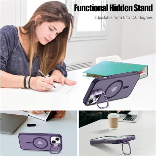 Image of Elzzi Kickstand Case for iPhone 15 Case Compatible with MagSafe, Built-in Adjustable Camera Guard Stand, Translucent Matte Anti-Fingerprint Heavy Duty Shockproof Phone Cover - Deep Purple