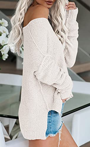 Image of Women's Off Shoulder Knit Sweaters Oversized V Neck Long Sleeve Loose Lightweight Pullover Tops