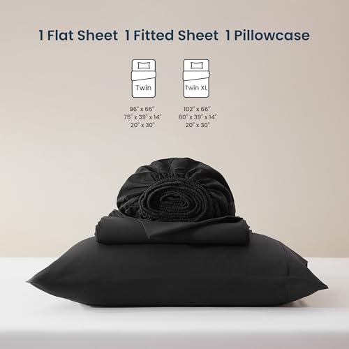 SLEEP ZONE Nanotex Super Soft Cooling Twin Bed Sheets Set for Kids 3 Piece - Easy Care Fitted Flat Sheet & Pillowcase Sets - Wrinkle Free, Fade Resistant, Deep Pocket 16" (Black, Twin)