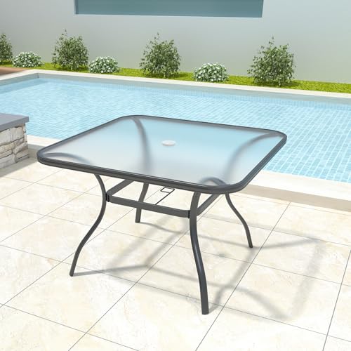 Image of Anmutig 5-Piece Outdoor Patio Dining Set 37-Inch Square Glass Table with 4 Stackable Chairs for Lawn Backyard and Deck, Black