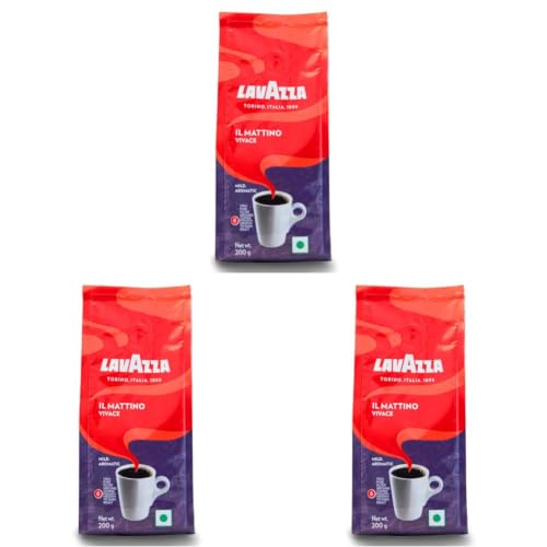 Image of Lavazza Il Mattino Vivace |Pure Ground Coffee | Blend of Arabica & Robusta| Medium Roast | Notes of Caramel | Intensity 7 | 200g Pouch (Pack of 3)
