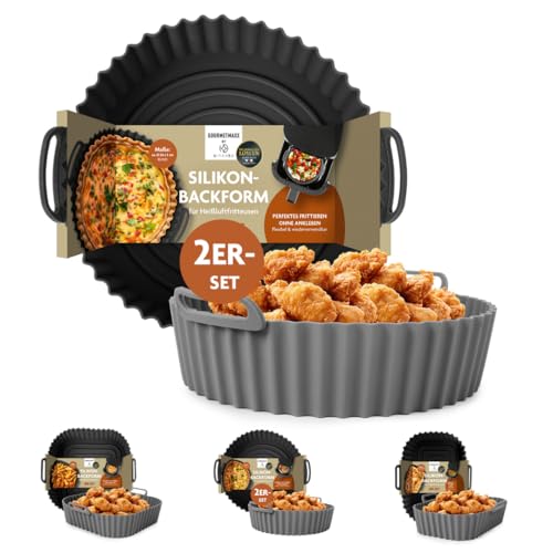 GOURMETmaxx BY KITCHBO Silikon-Backform 2er Set rund ⌀20cm, 5cm Höhe für fast alle Heissluft-Fritteusen ab 4 Liter | Perfektes Frittieren ohne Ankleben, wiederverwendbar, optimale Zirkulation