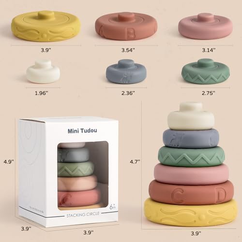 Mini Tudou 6 Pcs Stacking & Nesting Circle Toy 4.7",Soft Building Rings Stacker & Teethers,Squeeze Play with Early Educational Learning Stacking Tower, Toy for 6+ Months Boys&Girls - 3
